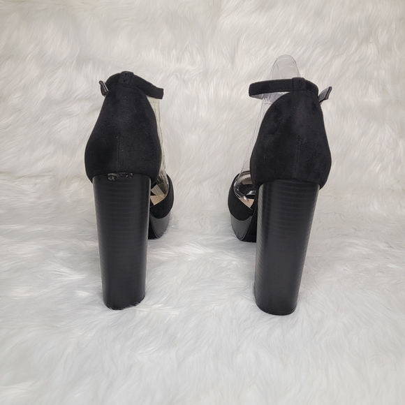 Black suede platforms with ankle strap. - Picture 4 of 11